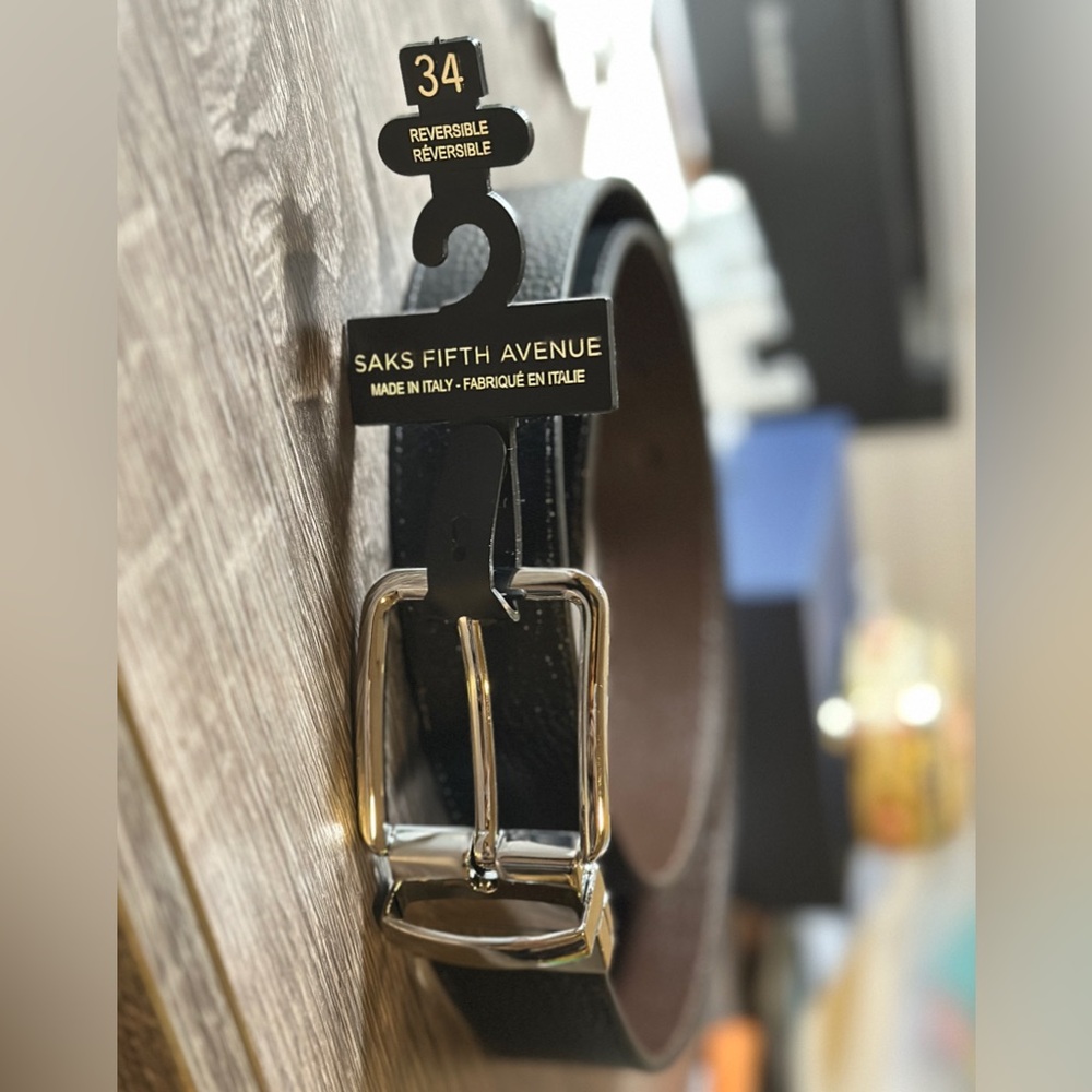 New Saks Fifth Avenue Black Brown Reversible Men's Belt Size 34 Made in Italy